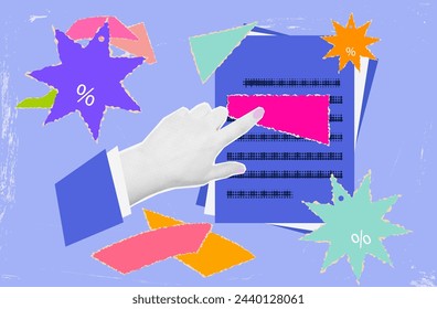 A woman's hand points to a new message. Paper note. Document with stickers and percentages. Price list of sales, discounts. Closed page, piece of torn paper. Contemporary collage art, halftone style. 