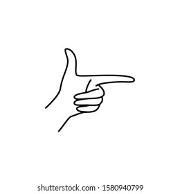 A woman's hand points to the right. Vector outline Icon with female hand Gesture with index finger in minimalistic linear style. For logo, printing on t-shirt, poster, postcard and web design