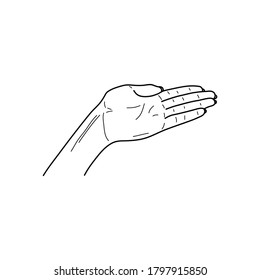 A woman's hand points to the right. Vector outline Icon with female hand Gesture with index finger in minimalistic linear style. For logo, printing on t-shirt, poster, postcard and web design.