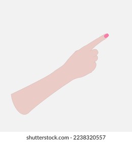 Woman's hand points to the side with the index finger, isolate