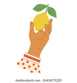 A mão da mulher no manguito da camisa do ponto da polca segura o limão maduro arrancado da árvore. Ilustração vetorial bonito de design de etiqueta de geleia de citrinos, jardinagem, loja de fazenda, colheita em fundo branco.