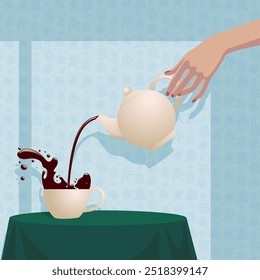 A woman's hand pours coffee into a cup from a round ceramic coffee pot in a room with light blue wallpaper. Vector illustration
