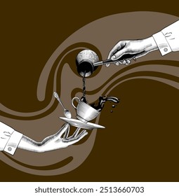 A woman's hand pours coffee, sprinkling it from a Turkish coffee maker, into a cup held by another hand, against a brown background of writhing lines. Drawing in engraving style. Vector illustration