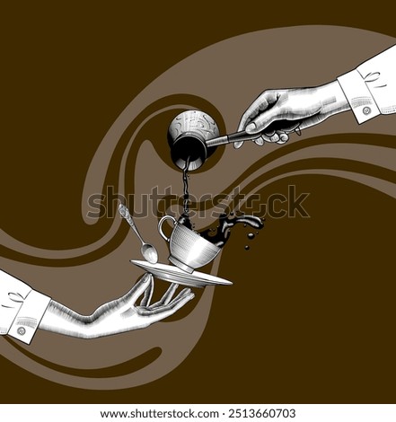 A woman's hand pours coffee, sprinkling it from a Turkish coffee maker, into a cup held by another hand, against a brown background of writhing lines. Drawing in engraving style. Vector illustration