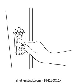 Woman's hand presses the handle and opens the door, vector illustration. Concept of spreading infection through touch, sketch
