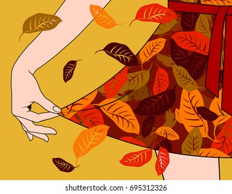 Die Hand der Frau zieht den Rand des Kleides mit roten und gelben Blättern Dekoration. Herbstmarkt und Herbstverkaufskonzept. Vektorgrafik