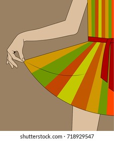 Die Hand der Frau zieht den Rand des Kleides mit gestreifter Dekoration. Herbstverkaufskonzept im flachen Stil. Vektorgrafik
