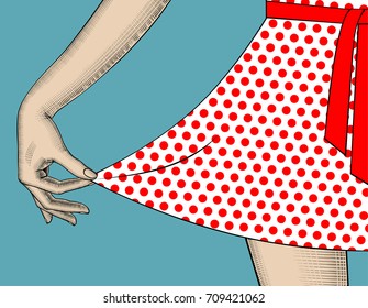 Woman's hand pull the edge of the polka-dot dress. Vintage engraving stylized drawing. Vector illustration