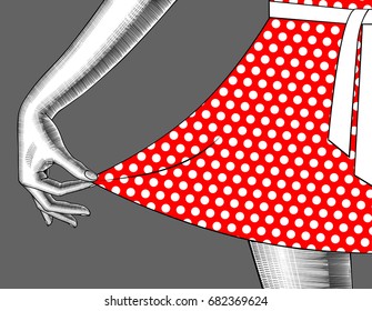 A mão da mulher puxa a borda do vestido vermelho. Vintage gravura desenho estilizado. Ilustração vetorial