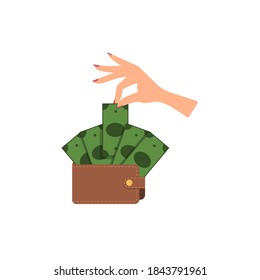 A woman's hand pulls out money from a wallet. Vector illustration, flat cartoon color minimal design isolated on white background, eps 10.