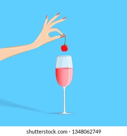 womans hand puts a cherry in a cocktail, isolated on the blue background, square vector illustration