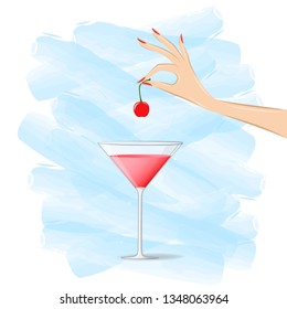 womans hand puts a cherry in a cocktail on the white and blue background, square vector illustration