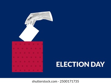 A womans hand puts down a ballot in box vote. Halftone collage banner in retro pop art style. Election day. Trendy vintage vector illustration