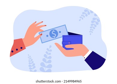 Las mujeres entregan el billete de dólares a mano en una billetera abierta. Pago y transferencia de dinero a la persona que posea una ilustración plana del vector. Concepto financiero para banner, diseño de sitio web o página web de aterrizaje