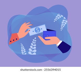 Womans hand putting dollar bill into open mans wallet. Payment and transfer of money to person holding purse flat vector illustration. Finance concept for banner, website design or landing web page