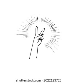 Die Hand der Frau mit dem hochgehobenen V-Schild in den Strahlen der Sonne.Feminismus Konzept.Vektorlineare Silhouette auf weißem Hintergrund.