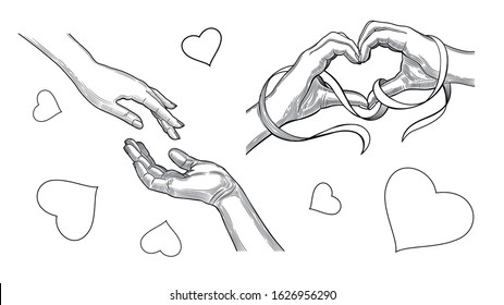 A woman's hand reaches for a man's hand, love, heart, hands folded in the shape of a heart. Illustration isolated on a white background.