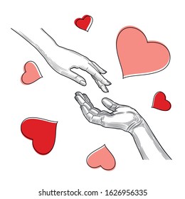 A woman's hand reaches for a man's hand, love, heart. Illustration isolated on a white background.