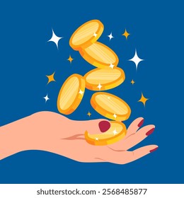Woman's Hand Reaching for Falling Gold Coins – Symbolizing Wealth and Financial Success