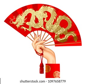 Woman's hand with a red chinese fan with gold decorative gragon isolated on white. Vector illustration