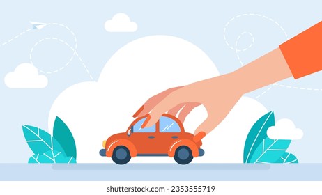 A woman's hand with a red manicure drives a tiny toy car. Female driver. Riding on the machine. The woman rides in the car. Design concept of buy a new auto. Flat style. Vector illustration