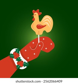 Woman's hand in red mitten holds lollipop on a stick shaped like a cockerel. Greeting card for Christmas and winter holidays. Vector illustration