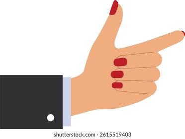 A womans hand with red painted nails points forward, wearing a black sleeve with a white button, depicted in a clean flat design style with a neutral background.