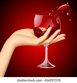 Woman's hand with red wine in the glass on dark red background. Vector illustration
