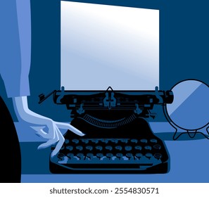 A woman's hand and a retro black typewriter with a sheet of paper on a dark blue background. Vector illustration