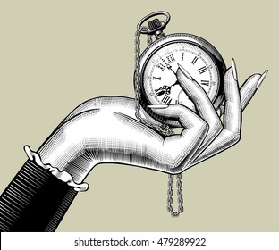Woman's hand and retro pocket watch  Vintage stylized drawing  Vector Illustration