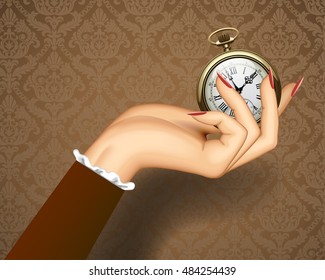 Woman's hand with a retro pocket watch. Vector vintage Illustration