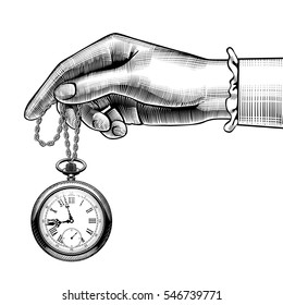 Woman's hand and retro pocket watch  Vintage stylized drawing  Vector Illustration
