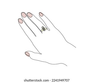 mano de una mujer con un anillo en su dedo, dibujado a mano, monofluente, arte de una línea