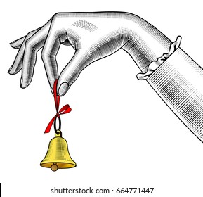 Woman's hand ringing retro bell. Vintage engraving stylized drawing. Vector illustration