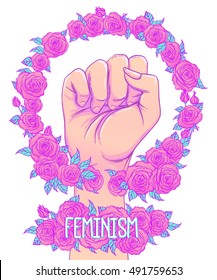 Woman's hand rist raised up. Rose flower circle frame. Girl Power. Feminism concept. Realistic style vector illustration in pink and purple pastel goth colors isolated on white.  Sticker, patch design