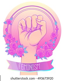 Woman's hand rist raised up. Rose flower circle frame. Girl Power. Feminism concept. Realistic style vector illustration in pink and purple pastel goth colors isolated on white.  Sticker, patch design