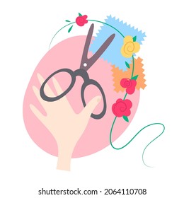 Woman's hand with scissors, cloth and flowers, tailor. Tailor's tool element for a handmade clothing store, tailor shop and sewing courses. Hand drawn illustration isolated on a white background.