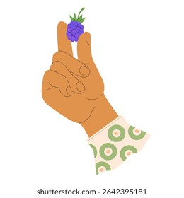 Woman's hand in shirt cuff holds ripe juicy blackberry. Vector cute illustration for berry jam label design, pie recipe, growing, caring for plants and bushes in garden, harvesting.