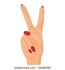 Woman's hand showing peace or victory symbol. Isolated vector.