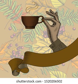 Woman's hand with a small coffee cup with a retro ribbon banner on seamless autumn background. Vintage color stylized drawing. Vector illustration
