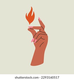 Woman's hand snapping fingers. Fire element, flame. Expressive gesture, cool tattoo and manicure. Hot design. Hand drawn vector illustration isolated on colorful background