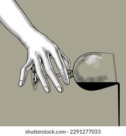 A woman's hand spills a stream of wine from a glass. Vintage engraving stylized drawing. Vector illustration