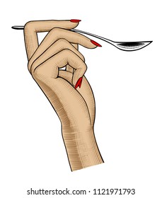 Woman's Hand With A Spoon Isolated On White. Vintage Color Engraving Stylized Drawing. Vector Illustration