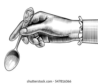 Woman's hand with a spoon. Vintage stylized drawing. Vector illustration