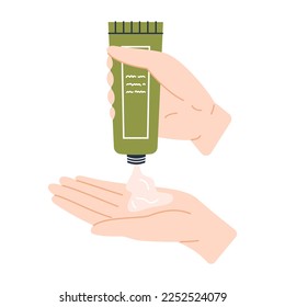 Womans hand squeezing cream from a green tube onto a palm. Vector skincare illustration. Girl using hand cream. Daily cosmetic.