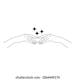 Womans hand and stars. Mystical boho icon. Thin line illustration in bohemian style. Witchcraft symbol