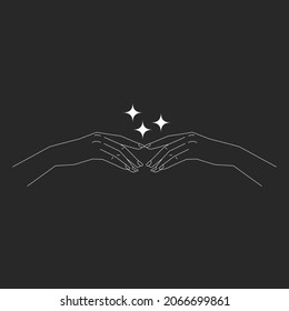 Womans hand and stars. Mystical boho icon. Thin line illustration in bohemian style. Witchcraft symbol