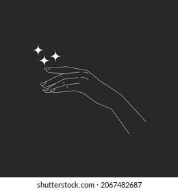 Womans hand and stars. Mystical boho icon. Thin line illustration in bohemian style. Witchcraft symbol