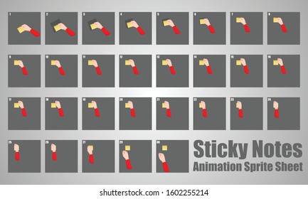 Woman's hand sticking note animation sprite sheet. Yellow sticky note isolated on black background, vector illustration