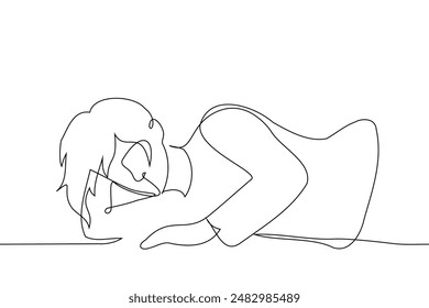 la mano de la mujer Asistencia su cabeza y mira a la cámara - una línea de arte Vector. concepto invitar a la cama, prepararse para la cama. Vector hecho a mano no AI